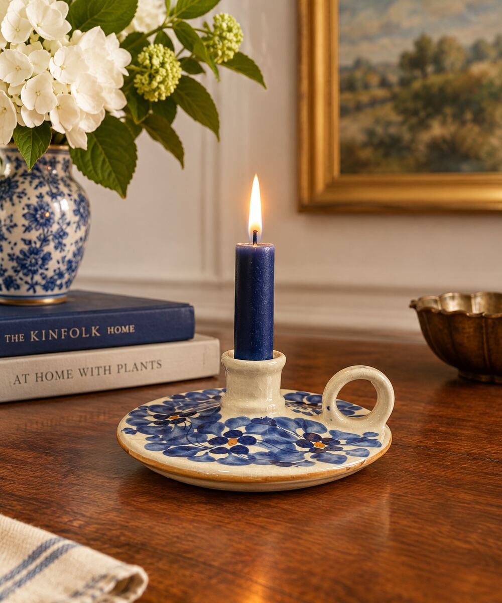 Vintage Eduardo Vega Ceramic Chamberstick Candle Holder Blue Floral Ecuador